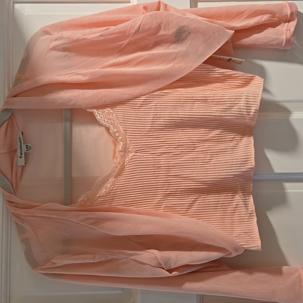 Francesca's Collections Pastel Peach Pink Lace Sheer Blouse Set